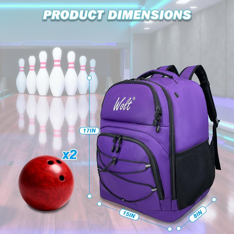 WOLT Purple Bowling Ball Backpack 2-Ball with Foam Padding & Shoe Compartment