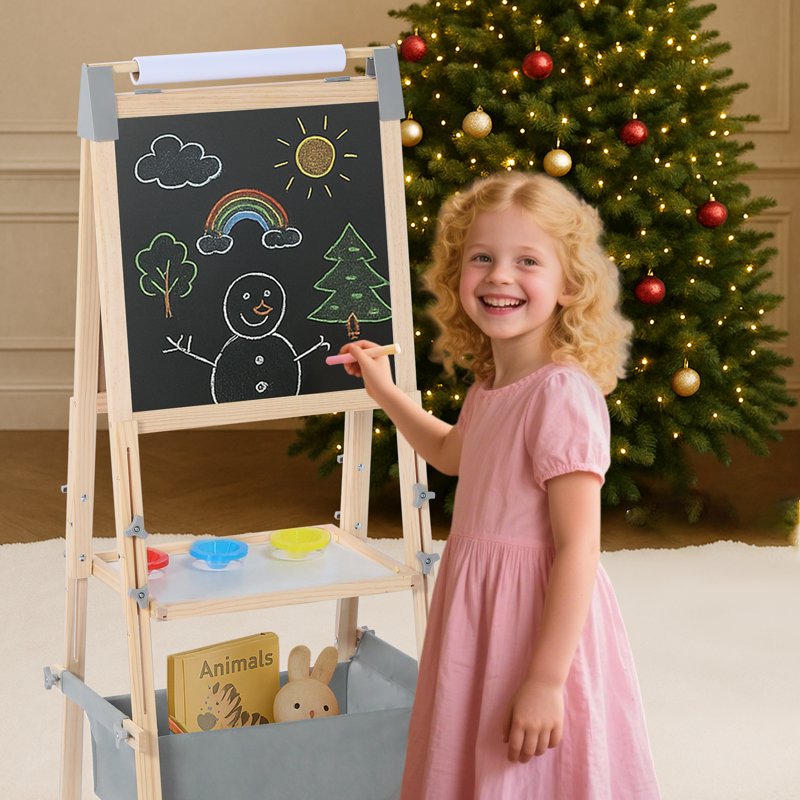 Double-Sided Kids Art Easel with Adjustable Height & Art Supplies - 3-in-1 Wooden Play Station