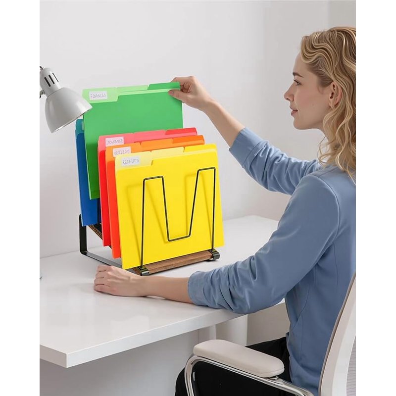 Inclined Desk File Organizer with 5 Compartments - Vertical Metal & Wooden Stand