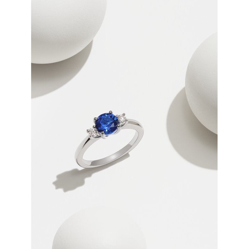 Sterling Silver Three Stone Ring with Blue Sapphire and Lab Grown Diamonds, Size 7