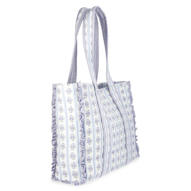 Women's Quilted Tote Bag with Floral Gingham Print - Large Capacity Stylish Handbag