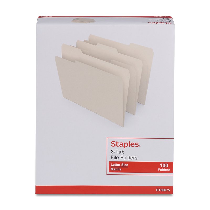 Staples Manila File Folders Letter Size 3-Tab Assorted Position 100/Box