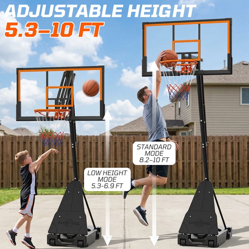 Portable Basketball Hoop with Rebound Plate, Adjustable Height 5.25-10FT, 44-Inch Backboard, Outdoor