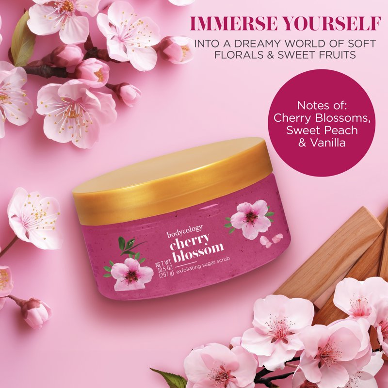 Bodycology Cherry Blossom Exfoliating Sugar Scrub 10.5 oz - Pack of 4