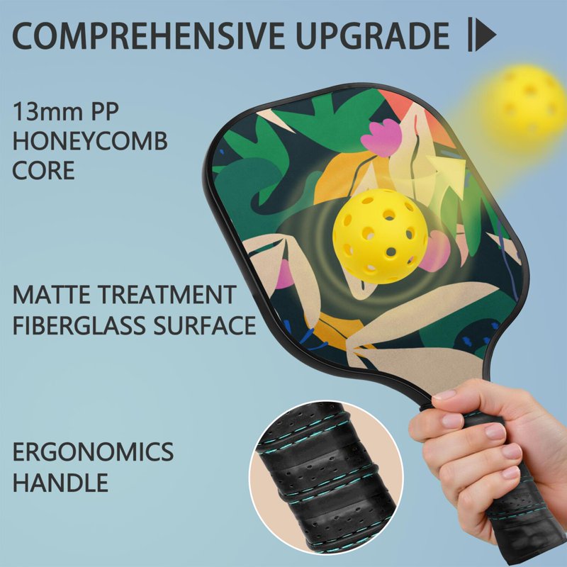 Tropical Leaf Print Pickleball Paddle Set - Fiberglass Surface, 1 Paddle, 2 Balls & Bag - Variation: Black