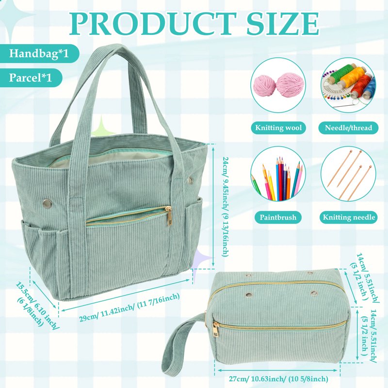 Crochet Bag Organizer and Yarn Tote Set with Needle Pocket and Yarn Holes
