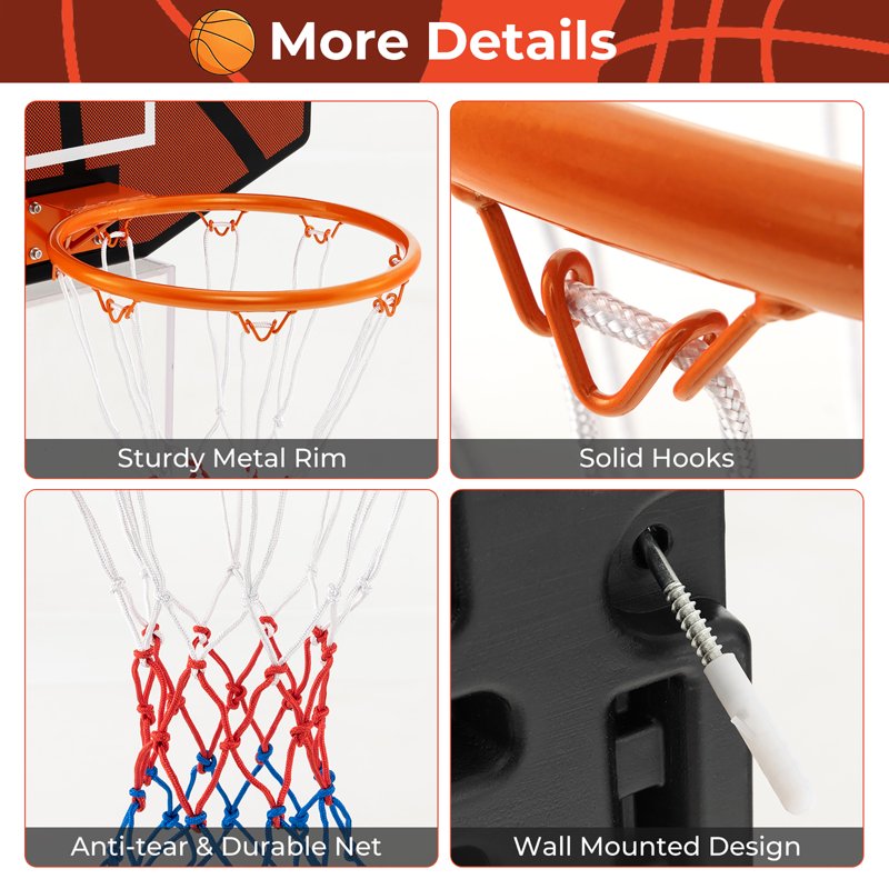 26-Inch Wall Mounted Basketball Hoop Set with Shatterproof Backboard Indoor Toy Gift