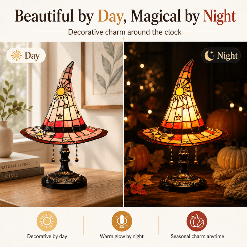 Halloween Witch Hat Stained Glass Lamp with Sun Pattern - Spooky Night Decor 8 Inch