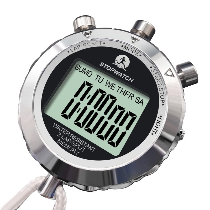 Waterproof Metal Stopwatch with Backlight, 2 Lap Timer for Sports & Competitions