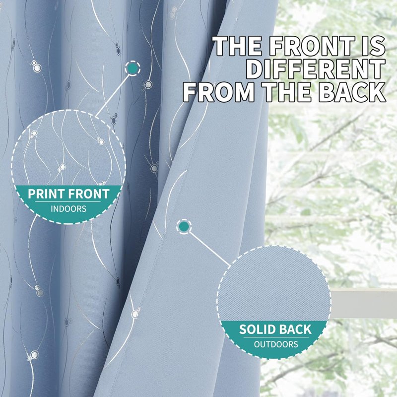 Room Darkening Insulated Blackout Curtains with Silver Dot Print - Light Blue, 2 Panels, 72 Inch Length