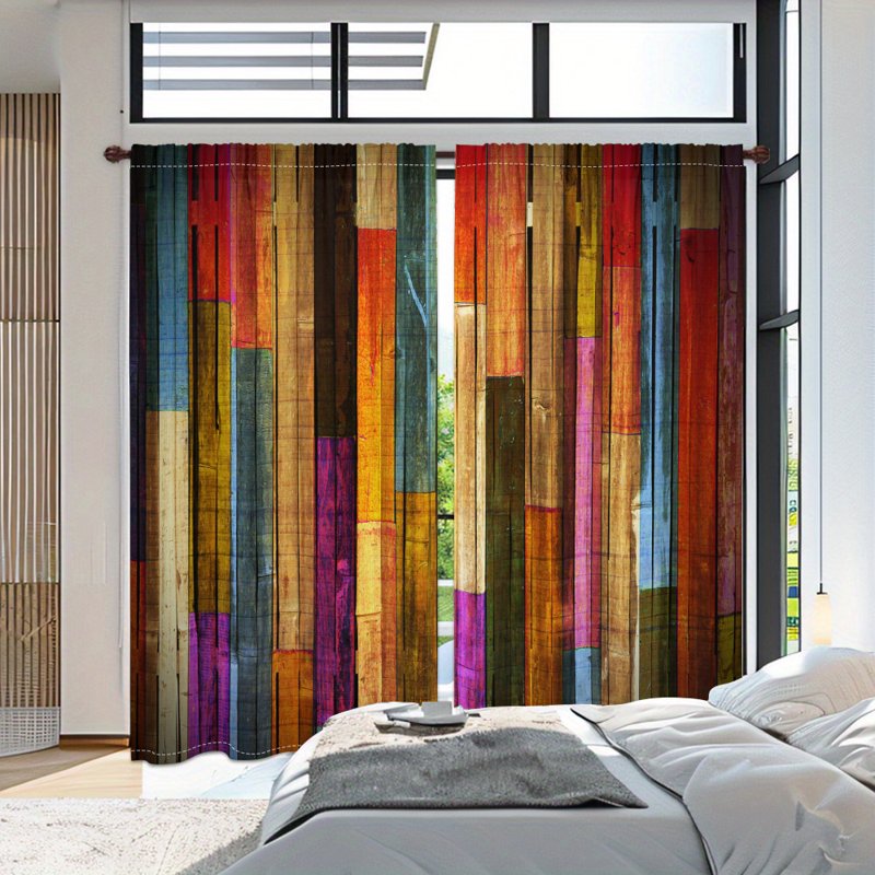 Colorful Wooden Pattern Polyester Curtains Set of 2 for Bedroom & Living Room