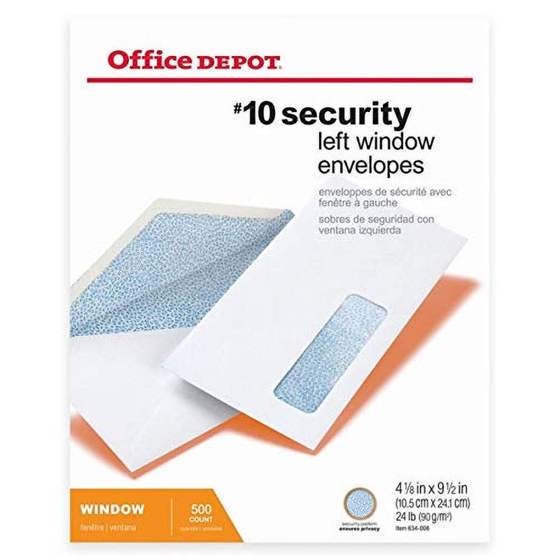Office Depot #10 Security Window Envelopes 4 1/8 x 9 1/2 Inches White Box of 500