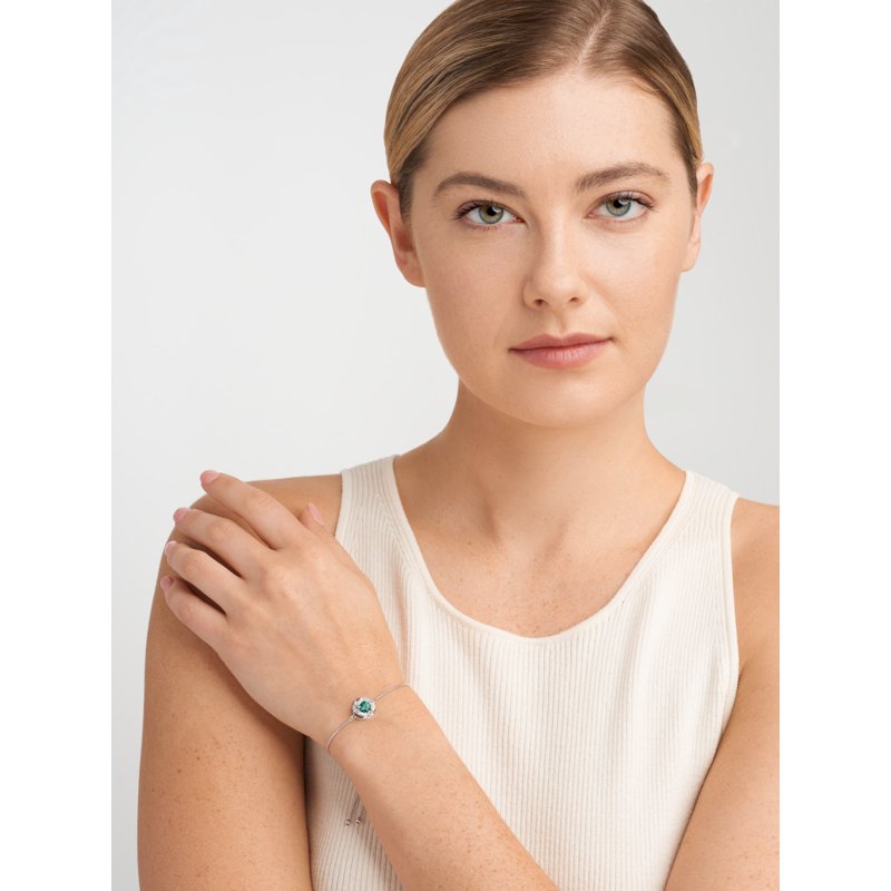 Sterling Silver Lab Grown Diamond and Emerald Bolo Bracelet for Women