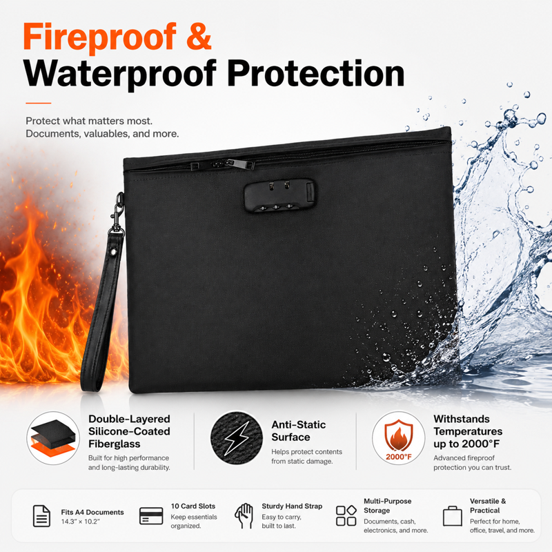 Fireproof Waterproof Document Bag with Lock, A4 Size, Travel & Office Storage