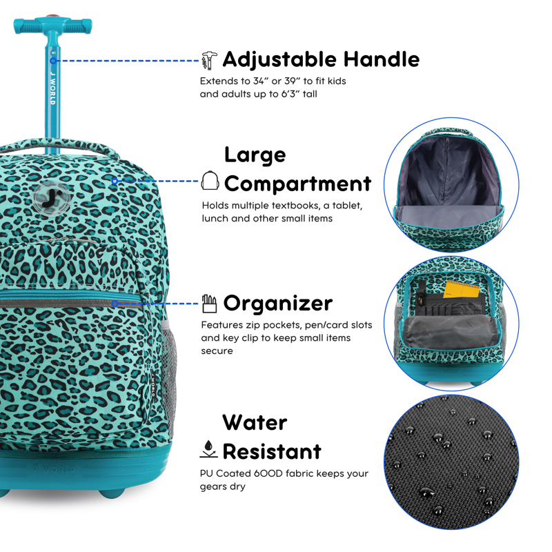 Girls 18-Inch Rolling Backpack for School and Travel - Mint Leopard