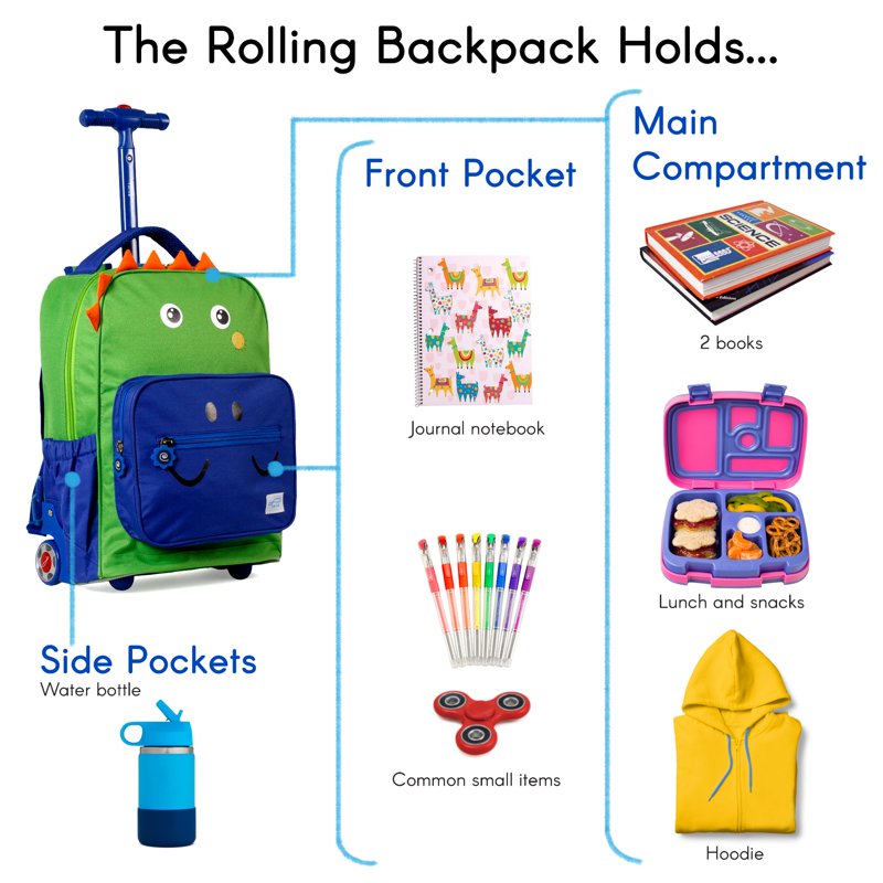 Kids Rolling Backpack with Convertible Carrying & Wheels - Dinosaur Giraffe Unicorn Penguin Variants