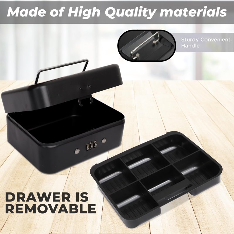 Large Black Stainless Steel Cash Box with Mechanical Lock & Removable Tray