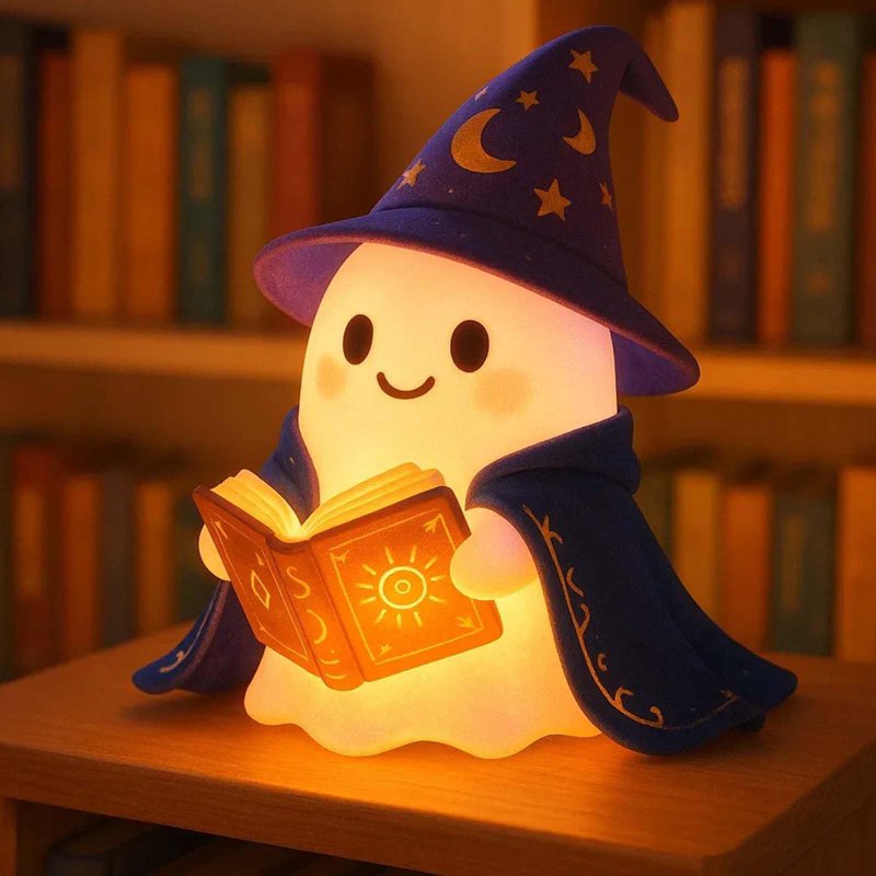 Halloween Ghost Figurine with Reading Book Lamp - Cozy Indoor Night Light Decor