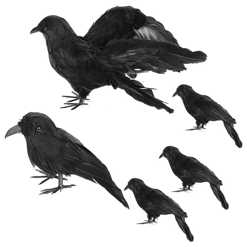 Realistic Crow Decorations Set for Halloween & Party Decor - 5 Pcs Black Ravens