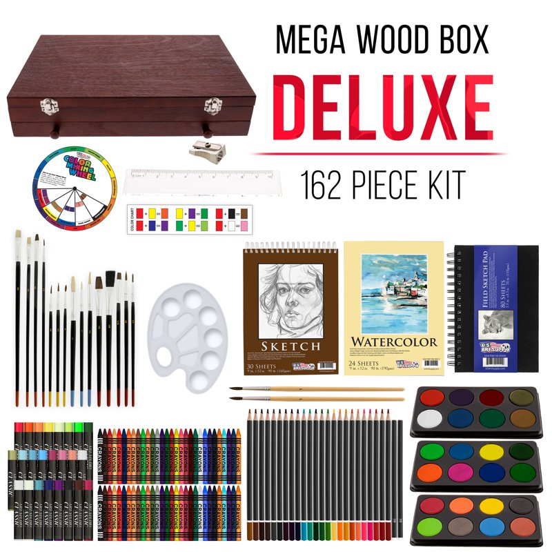 Complete 162-Piece Art & Drawing Set with Watercolors, Pastels, Pencils & Brushes