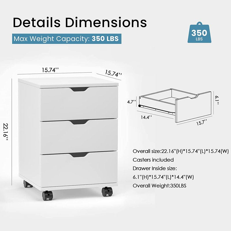 3-Drawer Mobile File Cabinet with Wheels - Wooden Under Desk Storage, White