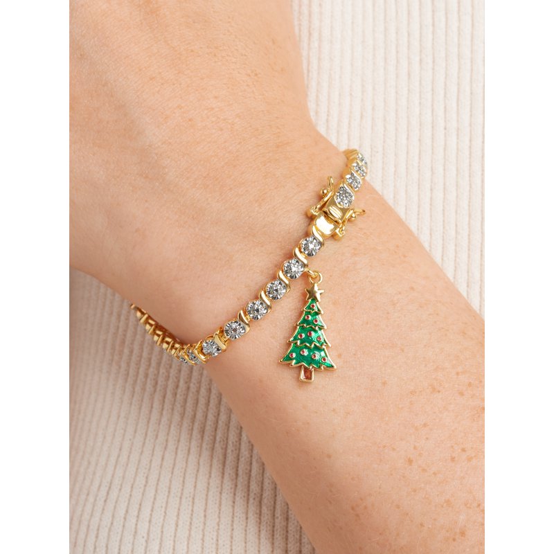 Silver Plated Diamond Accent Tennis Bracelet with Holiday Christmas Tree Charm