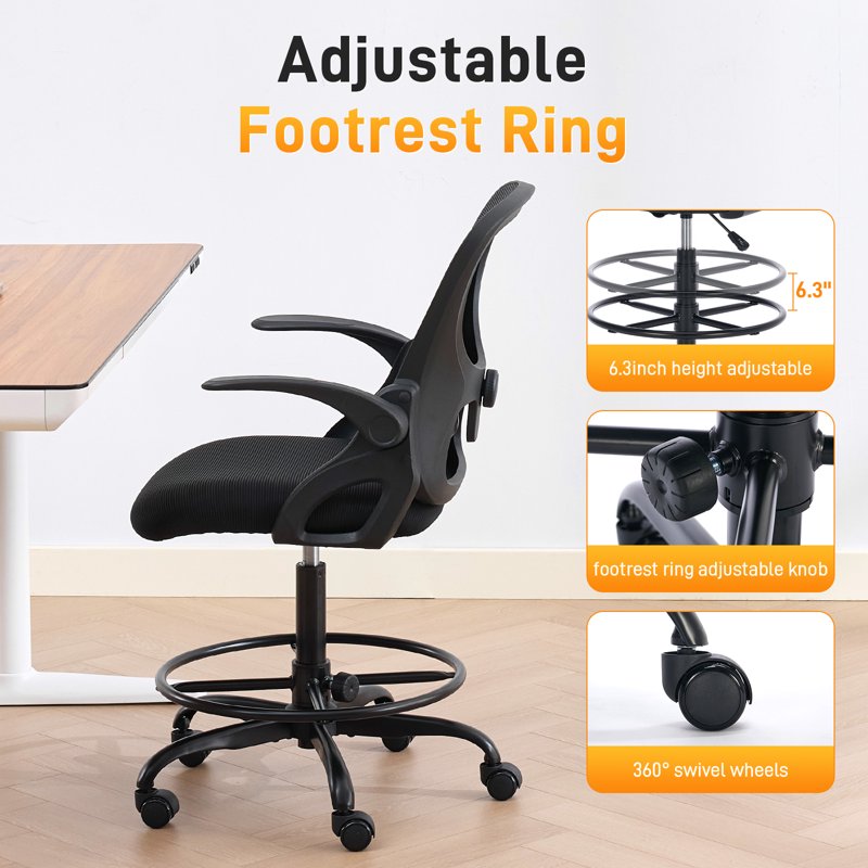 Adjustable Height Drafting Office Chair with Foot Rest & Ergonomic Support — Black