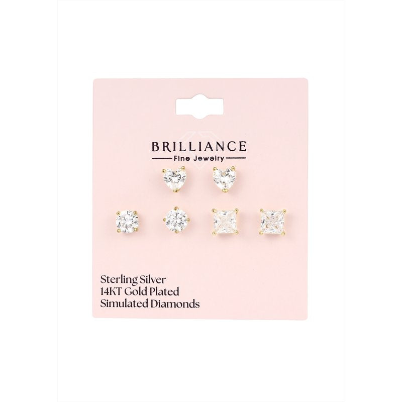 Multi Shape Simulated Diamond Earring Set in 14K Gold Plated Sterling Silver - 3 Pairs