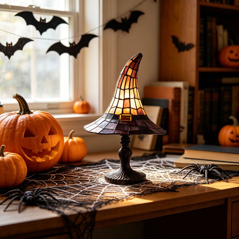 Halloween Witch Hat Lamp Tiffany-Style Night Light for Home & Party Decor
