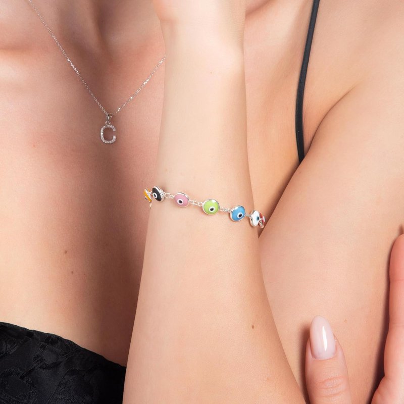 925 Sterling Silver Multicolored Evil Eye Bracelet for Women - 7.5 Inch