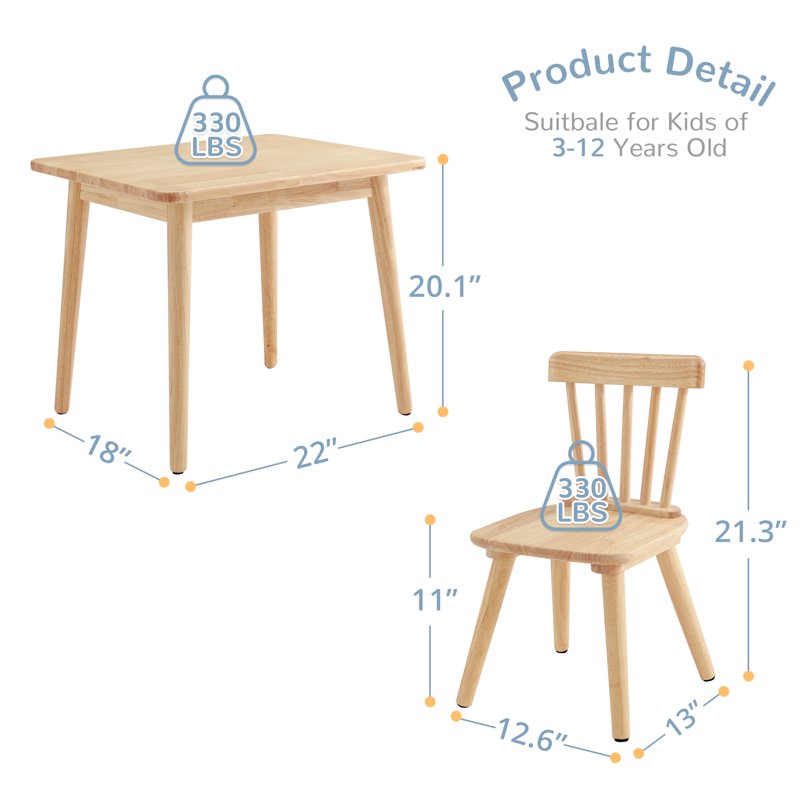 Kids Wooden Table and 4 Chairs Set - Natural Rubberwood Play Furniture with Non-Slip Legs
