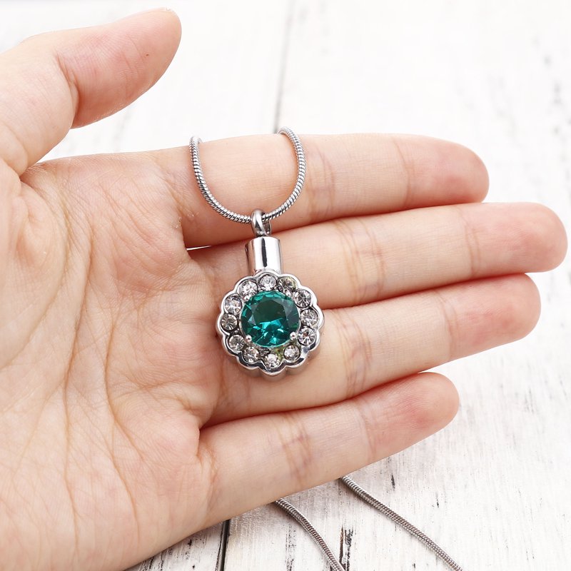 Green Crystal Rhinestone Flower Cremation Necklace Memorial Jewelry Keepsake Pendant