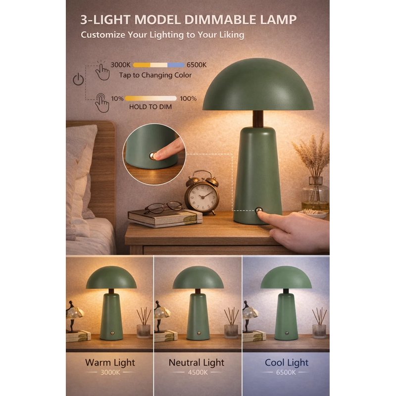 Rechargeable LED Table Lamp with Touch Dimming & Color Settings - Green Dome, 12 Inch