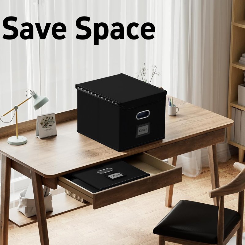 Foldable File Storage Box with Lid - Office & Home Organizer, Black