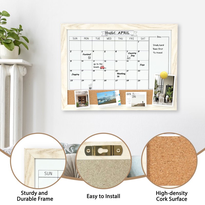 Monthly Whiteboard Calendar & Corkboard Wall Organizer 16x12 Magnetic Dry Erase