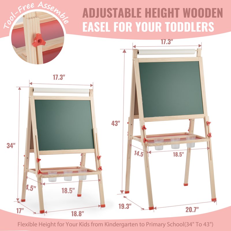Adjustable Wooden Kids Art Easel with Paper Roll & Magnetic Whiteboard for Toddlers