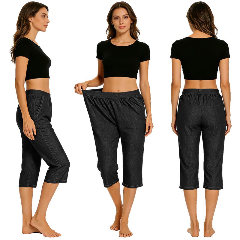 Women's High Waisted Elastic Cargo Capris with Pockets - Casual Athletic Pants