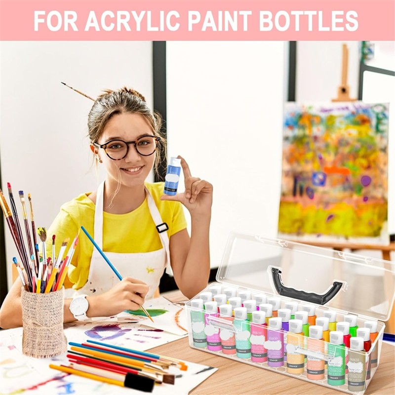 Acrylic Paint Storage Box for 30 Bottles - Clear Art Organizer with Handle