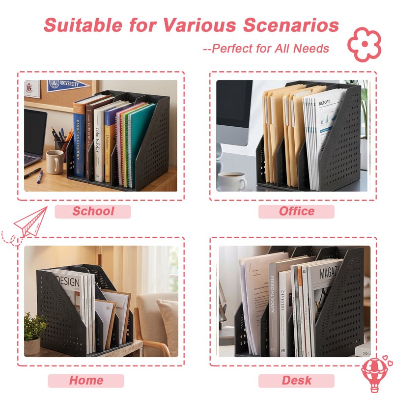 Adjustable 4-Compartment Collapsible Desk File Organizer for Office & Home