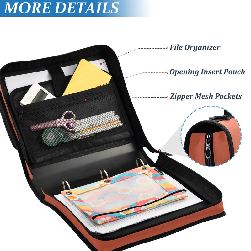 Waterproof 3-Ring Zipper Binder with Shoulder Strap, Holds 500 Sheets