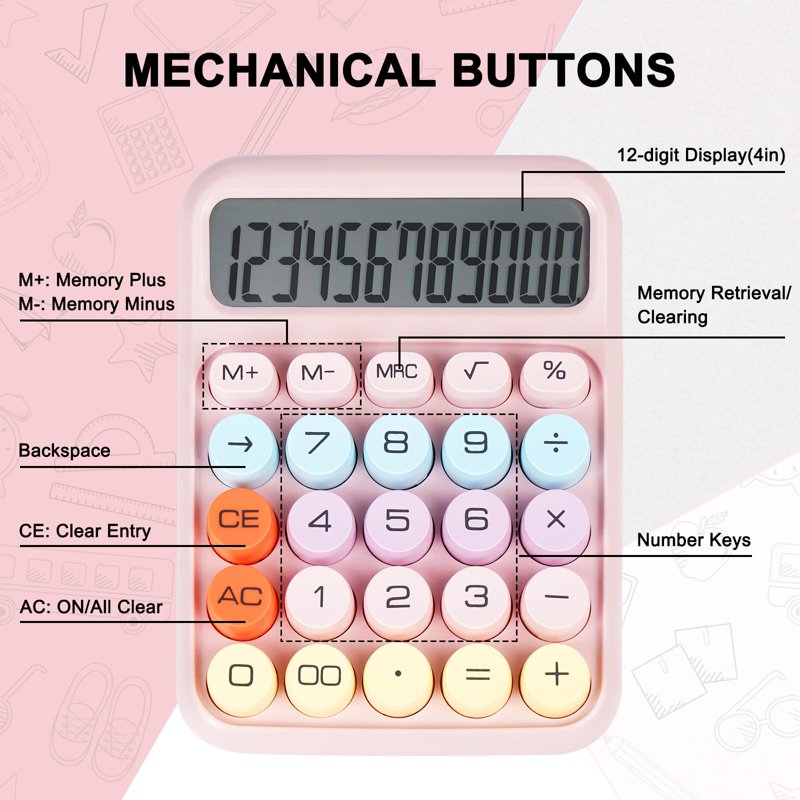 Pink Mechanical Switch Calculator with Large LCD Display & Big Buttons – Desktop Office & Classroom Use