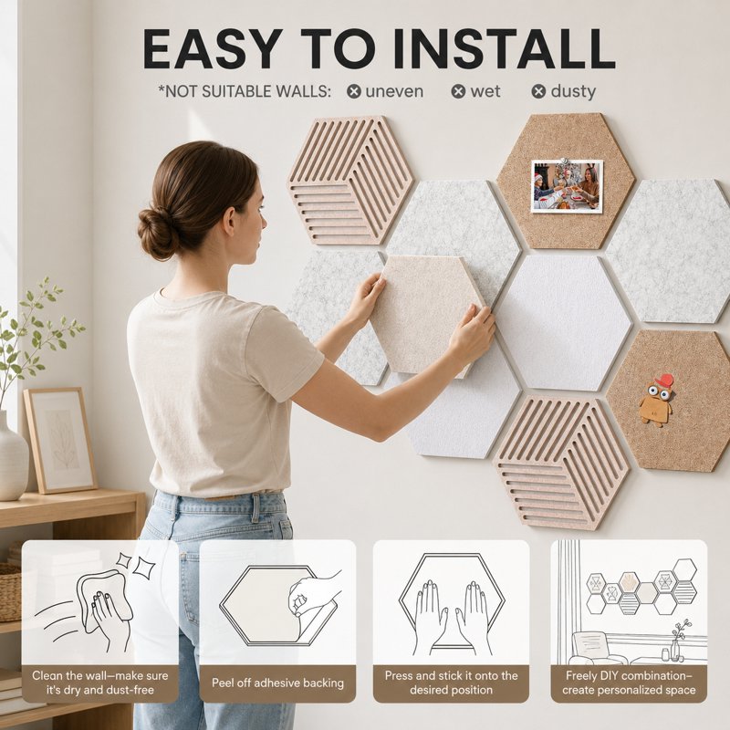 Hexagon Cork Tiles 10 Pack with Pins Self-Adhesive Wall Bulletin Board for Home Office Classroom