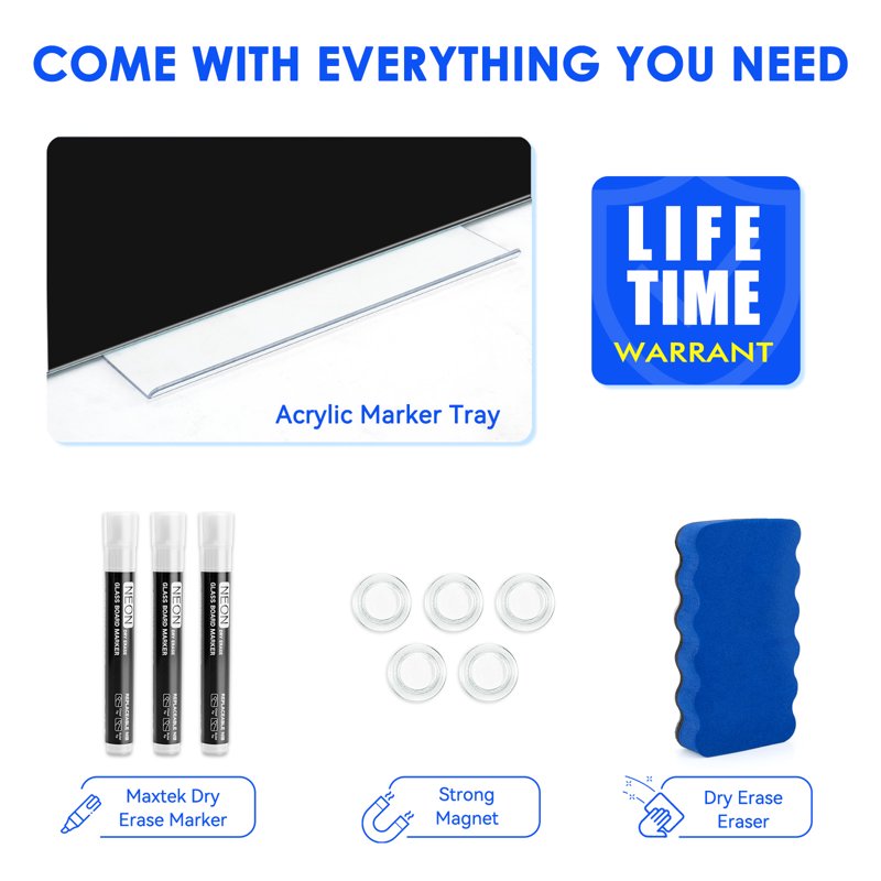 Magnetic Glass Dry Erase Whiteboard 36x24 Inch Wall-Mounted Office & Classroom Board