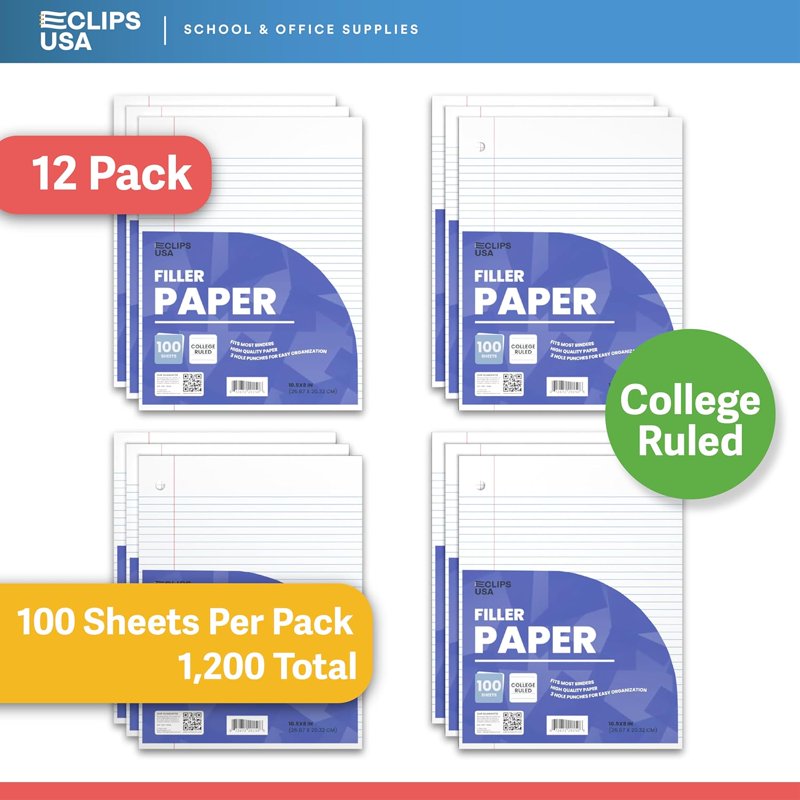 College Ruled Loose Leaf Notebook Paper - 100 Sheets, 12-Pack