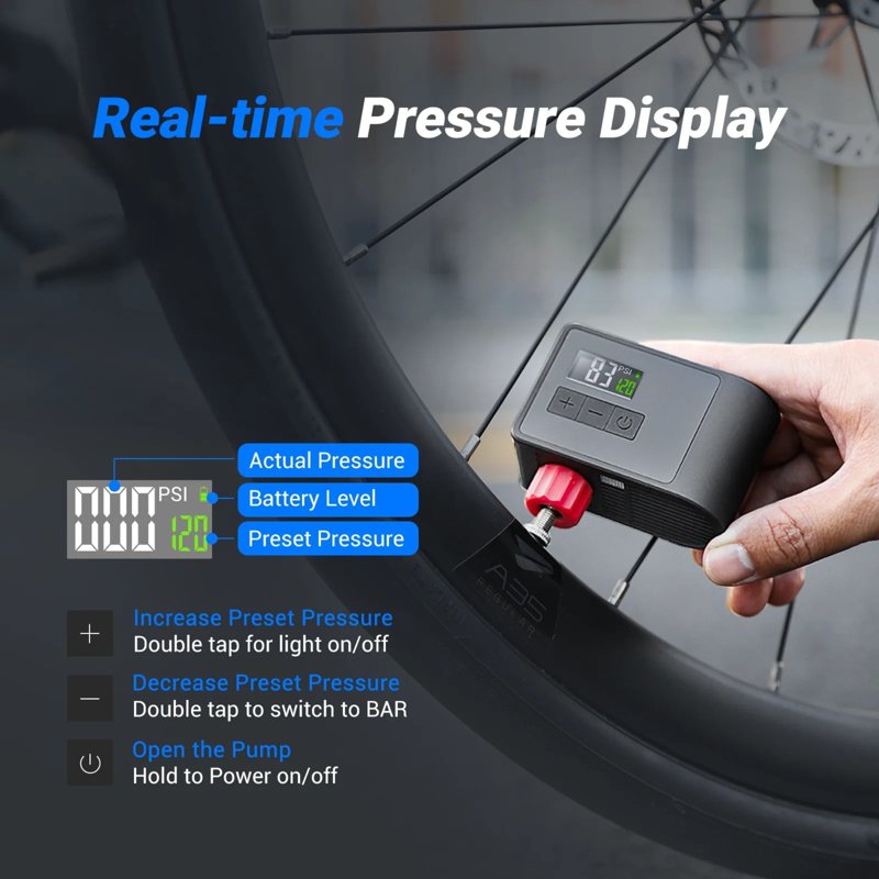 Portable Electric Bike Pump 120 PSI with Digital Gauge & USB-C Rechargeable