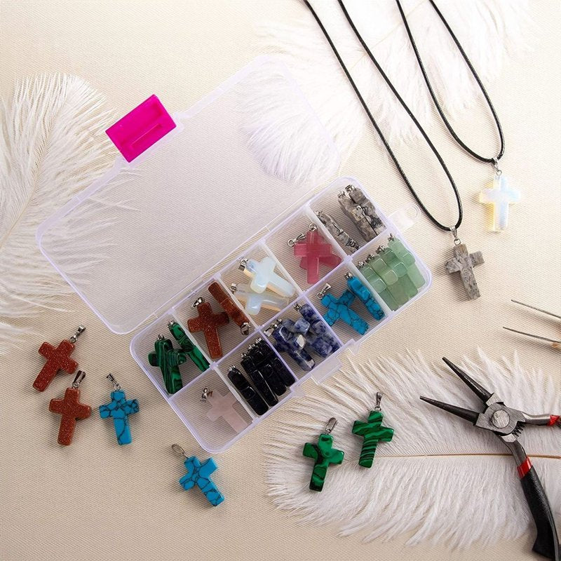 Gemstone Cross Charms Jewelry Making Kit - 40 Assorted Pendants & Storage Case