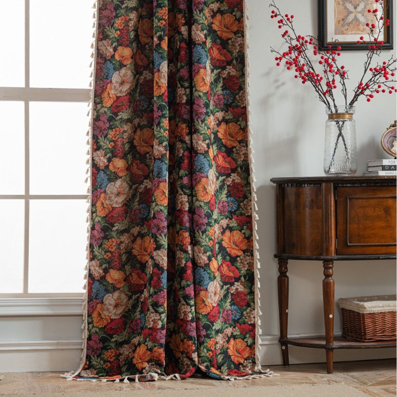 Red Floral Curtain Panel 79 Inch Long Boho Jacquard Semi-Blackout Window Drape