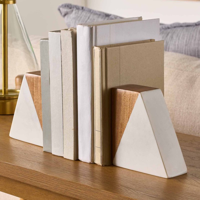 Wood and Marble Bookends Set - Elegant Home Decor for Bookshelf