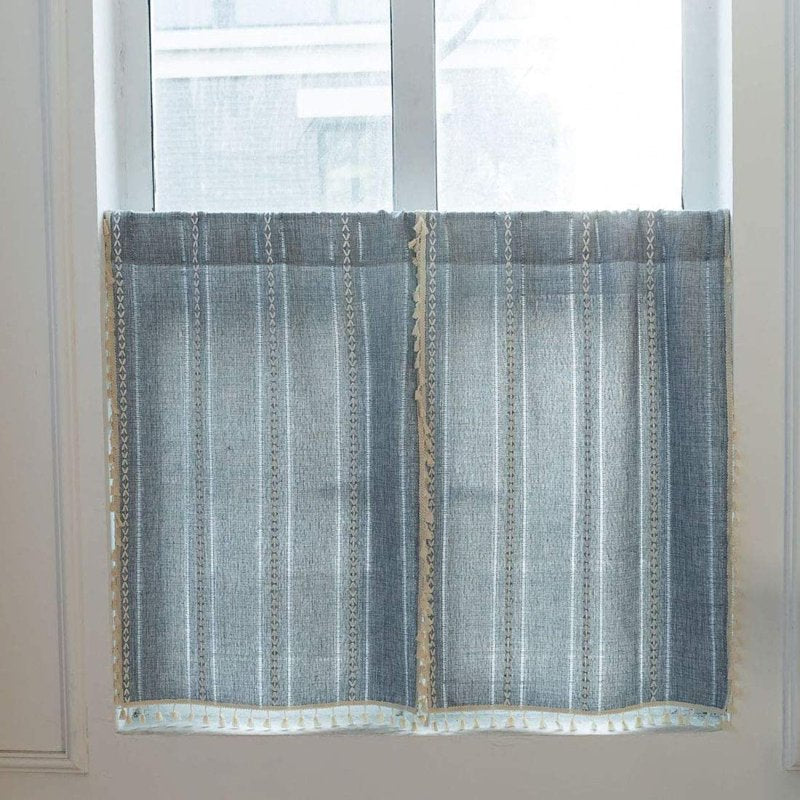 Boho Embroidered Kitchen Tier Curtains with Tassels - Farmhouse Linen Texture, Blue, 24x35 Inches