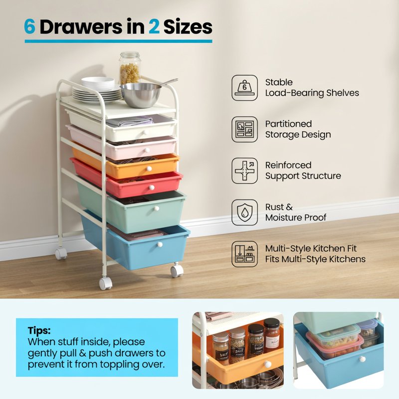 Multicolor 6-Drawer Rolling Storage Cart Organizer - Home, Office, School